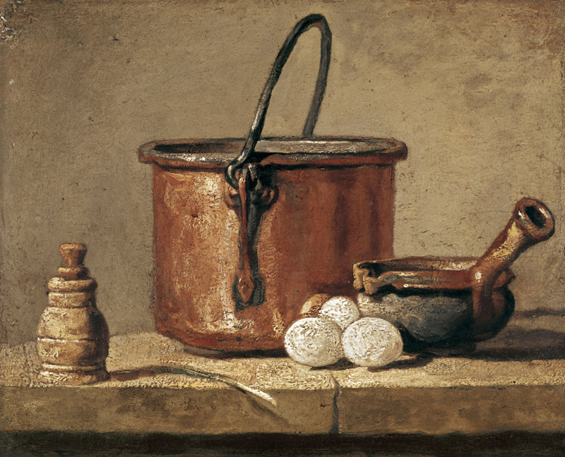 Stilleben mit einer Pfanne, Pfeffertopf, Lauch und drei Eiern from Jean-Baptiste Siméon Chardin