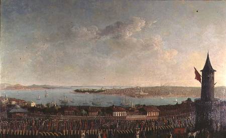 View of Constantinople with a procession of janissaries passing the Galata Tower from Jean Baptiste Vanmour