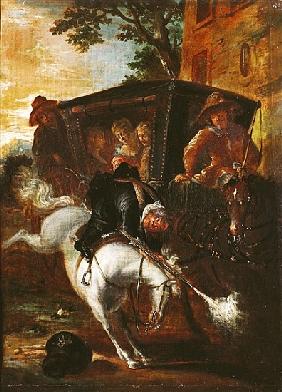 With a Musket on his Back, Ragotin Climbs onto his Horse to Accompany the Troupe, from ''Roman Comiq