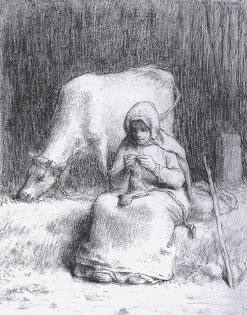 Bäuerliches Mädchen, das ihre Kuh beobachtet from Jean-François Millet