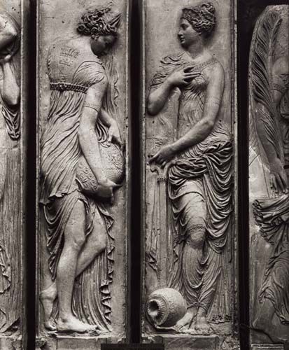 Detail of reliefs from the Fountain of the Innocents depicting nymphs personifying the rivers of Fra from Jean Goujon