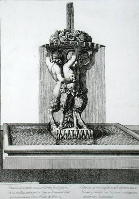 Three small satyrs holding a bowl of flowers, a fountain probably at Versailles, 1673, from 'Les Pla from Jean Lepautre