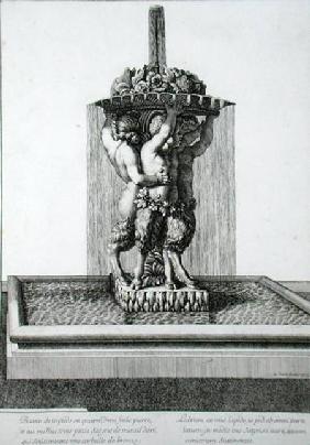 Three small satyrs holding a bowl of flowers, a fountain probably at Versailles, 1673, from 'Les Pla