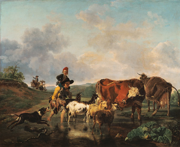 Bauer mit Herde beim Durchqueren eines Flusses. from Jean-Louis Demarnette Demarne