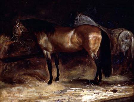 A Bay Horse at a manger, with a grey horse in a rug from Jean Louis Théodore Géricault