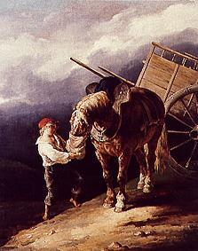 Stallbursche einem Pferd Hafer gebend. from Jean Louis Théodore Géricault