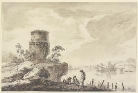 Flußgegend, im Vordergrund ein runder, im Mittelgrund auf einer Insel ein viereckiger Turm, mit Ruin