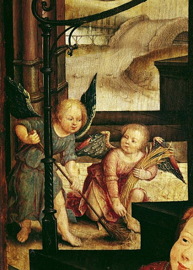 Triptych of the Adoration of the Child, detail of two angels sweeping from the right hand panel from Jean the Elder Bellegambe