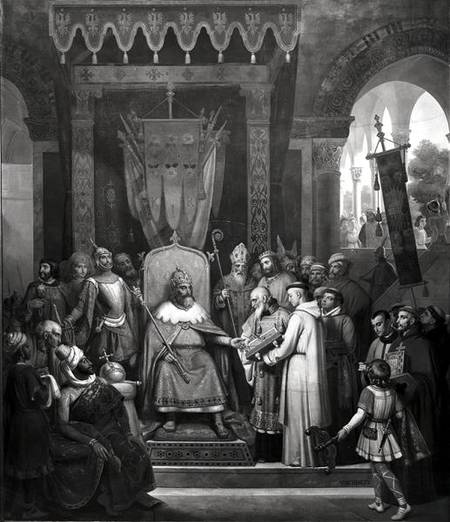 Emperor Charlemagne (747-814) Surrounded by his Principal Officers, Receiving Alcuin c.735-804) who from Jean Victor Schnetz