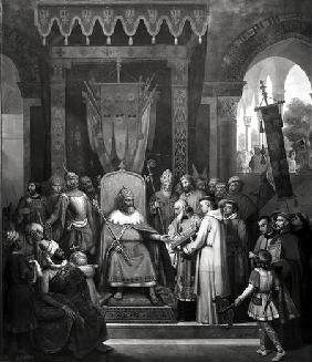 Emperor Charlemagne (747-814) Surrounded by his Principal Officers, Receiving Alcuin c.735-804) who