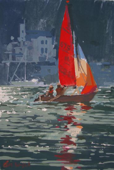 Red sail boat Salcombe