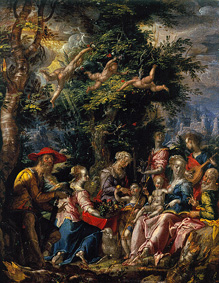Landvolk bringt der heiligen Familie einen Korb mit Obst. from Joachim Antonisz Wtewael