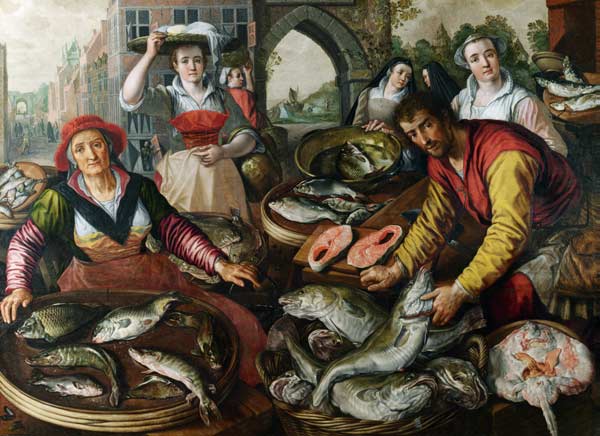The Four Elements: Water. A Fish Market with the Miraculous Draught of Fishes in the Background from Joachim Beuckelaer