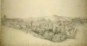 View from the Sabine hills over Tivoli in Campania with the gorge of the Anio on the right (pencil w