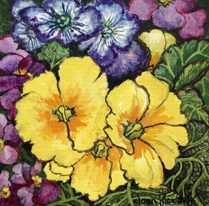 Three Yellow Primroses surrounded by mauve and purple primroses and leaves from Joan  Thewsey