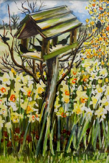 Daffodils, and Birds in the Birdhouse