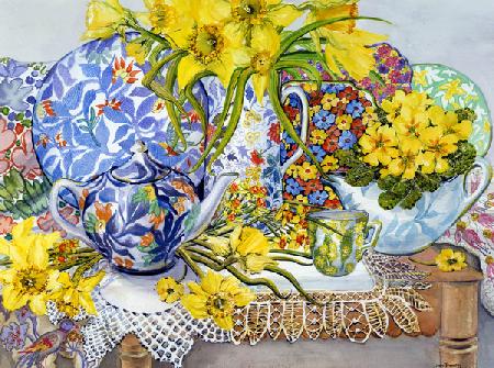 Daffodils, Antique Jugs, Plates, Textiles and Lace