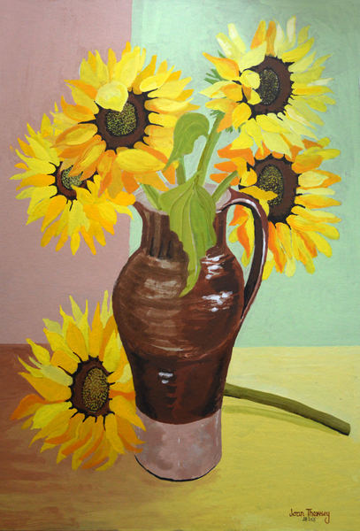 Five Sunflowers in a Tall Brown Jug from Joan  Thewsey