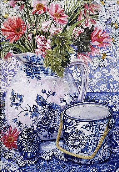 Gerberas in a Coalport Jug with Blue Pots (w/c)  from Joan  Thewsey