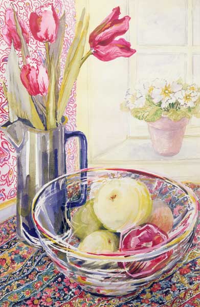 Tulips with Fruit in a Glass Bowl (w/c)  from Joan  Thewsey