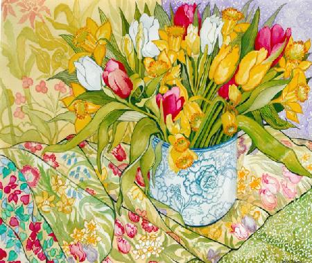 Tulips and Daffodils with Patterned Textiles
