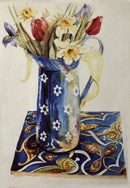 Tulips, Iris and Narcissus in a Blue Enamel Jug with an Italian Tile from Joan  Thewsey