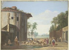 Minervatempel, dabei eine Herde Vieh und Hirten