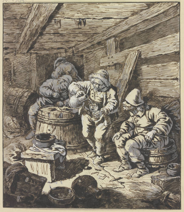 In einem niedrigen, holzverkleideten Raum mit Fässern sitzt rechts ein Bauer, nach seinem Kumpan sch from Johann Albrecht Dietzsch