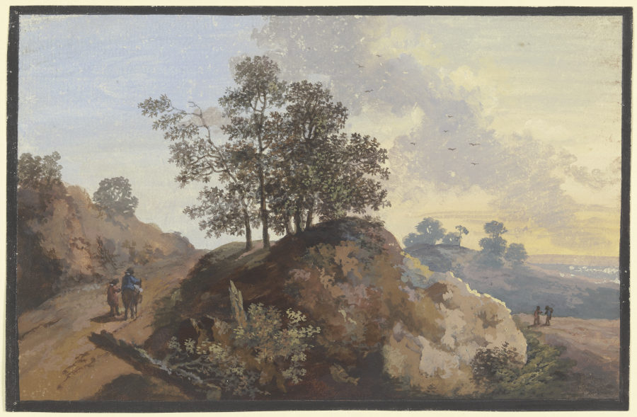 Baumpartie mit Felsen zwischen zwei Wegen, links zwei Männer, einer beritten, rechts zwei Figuren un from Johann Alexander Thiele