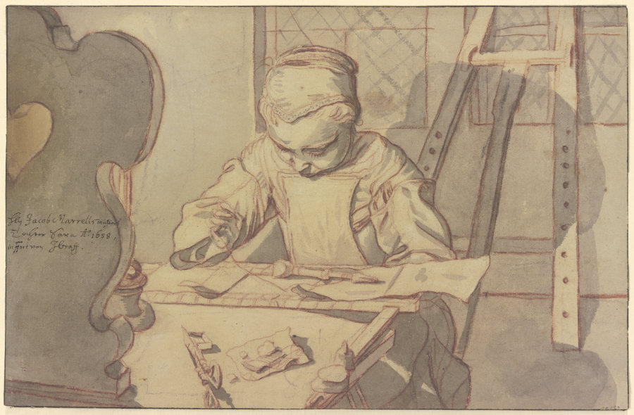 Sara Marrel an einem Tisch sitzend, beim Sticken from Johann Andreas Graff