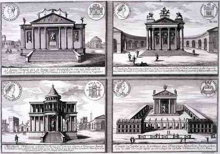 View of Four Temples taken from Roman Coins, from 'Entwurf einer historischen Architektur', engraved from Johann Bernhard Fischer von Erlach