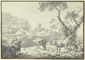 Landschaft mit einer Burgruine, zwei Hirten führen ihre Viehherde von rechts herbei