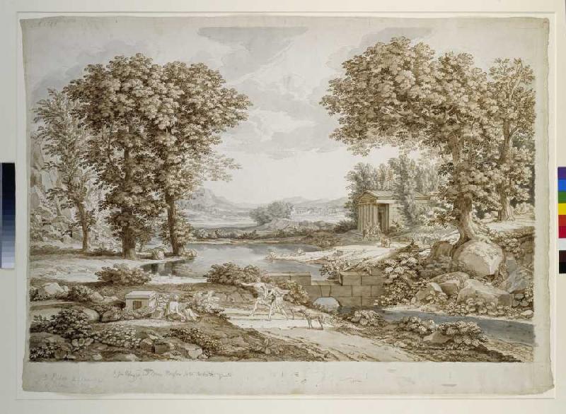 Große stilisierte Landschaft mit einem Fluß und Tempel. Vorne zwei Jünglinge mit Jagdspießen und Win from Johann Christian Reinhart