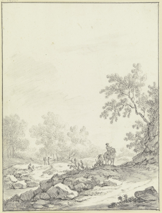 Hügeliges Gelände mit Bäumen und Gestein, im Vordergrund ein Reiter und ein sitzender Mann, links dr from Johann Christoph Dietzsch