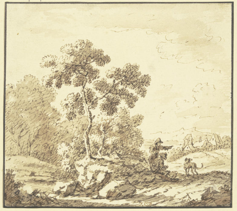 Waldrand, rechts Ausblick auf ein Dorf, am Weg ein stehender und ein sitzender Mann mit einem Hund from Johann Christoph Dietzsch
