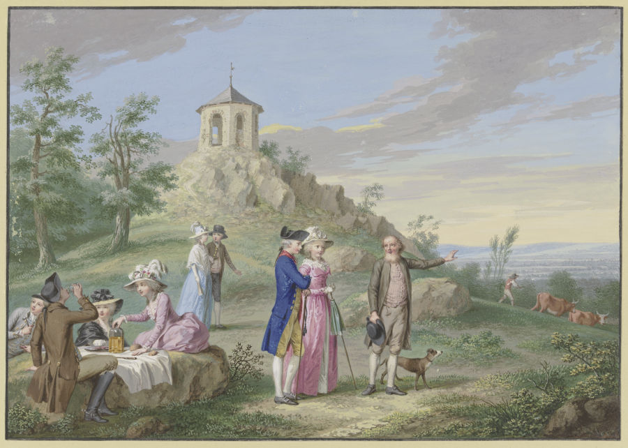Gesellschaft von Damen und Herren im Freien lagernd, am Fuße eines Hügels mit einem Tempelchen, ein  from Johann Friedrich August Tischbein