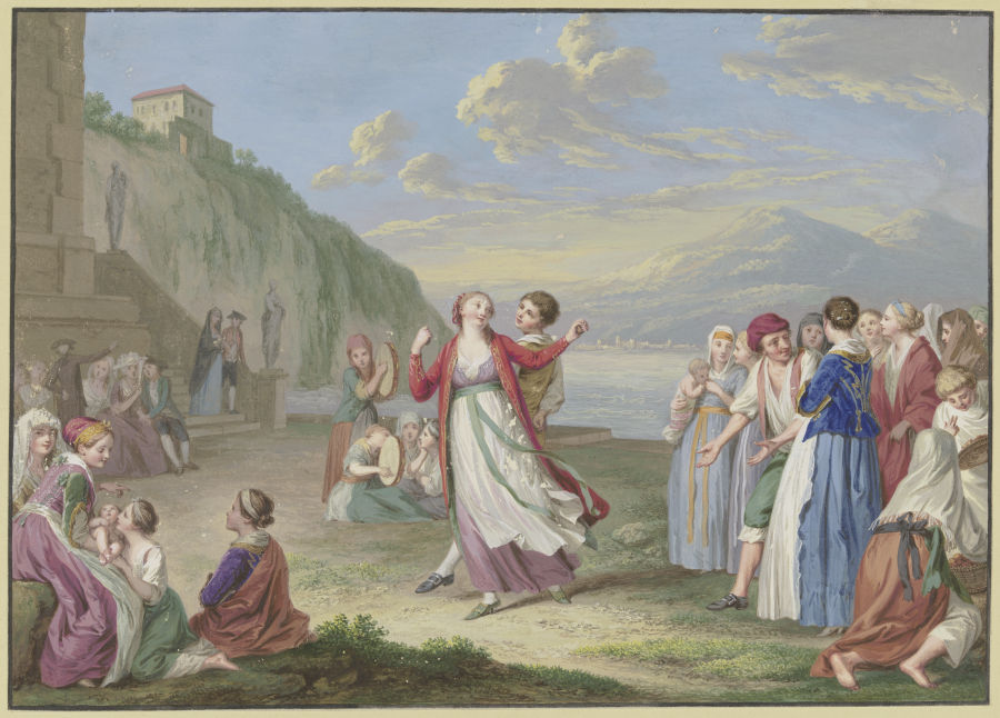 Italienische Landleute unterhalten sich am Seeufer mit Spiel und Tanz, im Hintergrund hohe Berge from Johann Friedrich August Tischbein