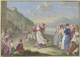 Italienische Landleute unterhalten sich am Seeufer mit Spiel und Tanz, im Hintergrund hohe Berge
