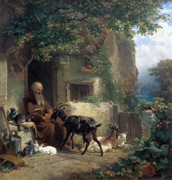 Ein Eremit vor seiner Klause, eine Ziege fütternd. from Johann Friedrich Voltz