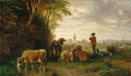 Hirt und Kühe, in der Ferne ein Dorf from Johann Friedrich Voltz
