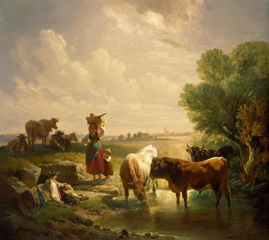 Hirtenfamilie mit Kühen an der Tränke from Johann Friedrich Voltz