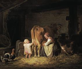 Jungbäuerin mit Kind beim Melken