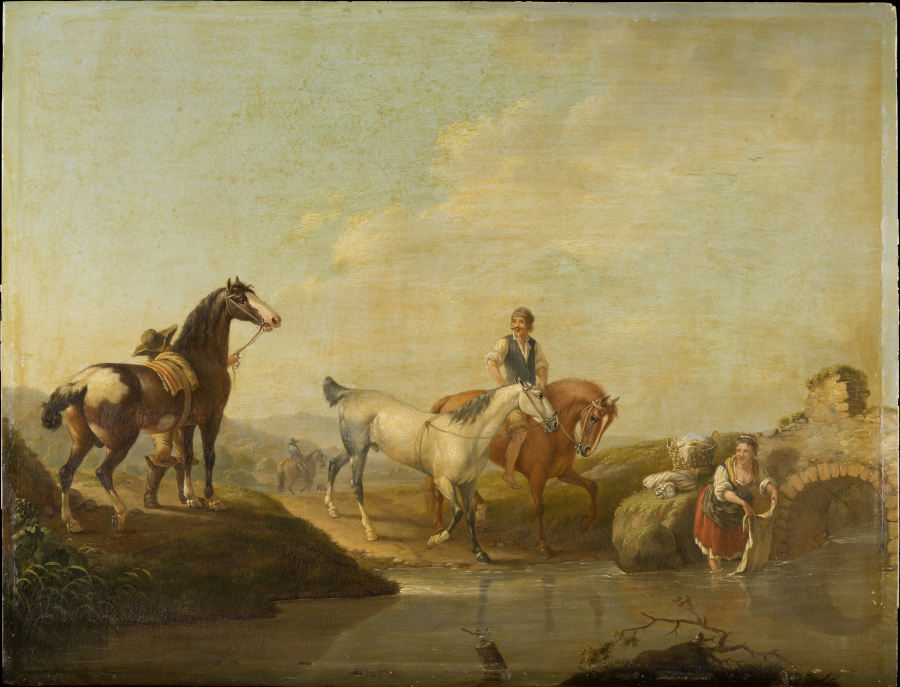 Ein Knecht reitet zwei Pferde zur Tränke from Johann Georg Pforr