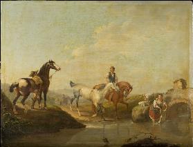 Ein Knecht reitet zwei Pferde zur Tränke