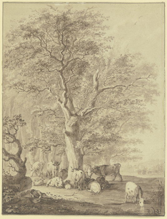 Rinderherde mit zwei Schafen und dem Hirten unter einer Eiche rastend from Johann Georg Pforr