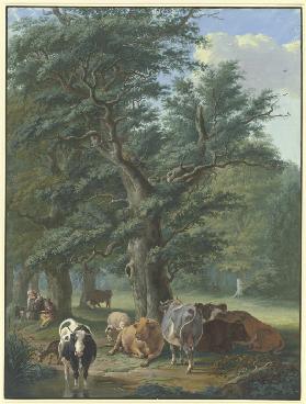 Unter einen großen Eiche ruht Vieh, in der Ferne ein Reh, links bringt eine Frau dem Hirten das Esse