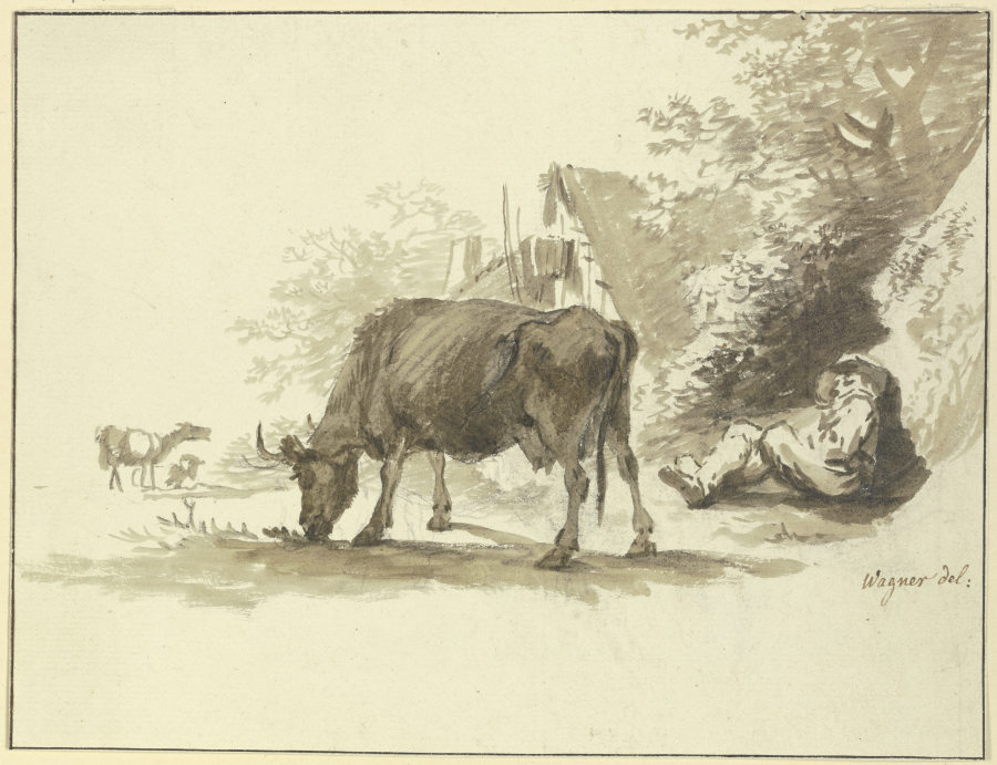 Ruhender Hirt mit einer Kuh vor einem Haus from Johann Georg Wagner