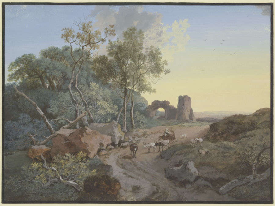 Waldpartie und Ruine mit einem Bogen an einem Weg mit Hirten und Vieh from Johann Georg Wagner