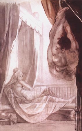 Brunhilde beobachtet den von ihr gefesselt an der Decke aufgehängten Gunther from Johann Heinrich Füssli