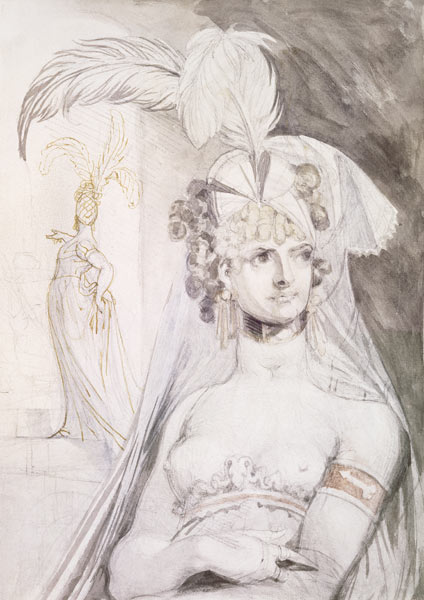 Half Figure of a Courtesan with Feathers, a Bow and a Veil in her Hair, 1800-10 (pencil, w/c and from Johann Heinrich Füssli